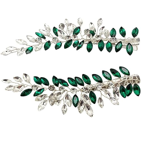 BETITETO Wedding Hair Clip Combs, 2Pcs Red White Green Rhinestone Bridal Hair Vine Piece Accessories for Women Girls Party Birthday (Green)