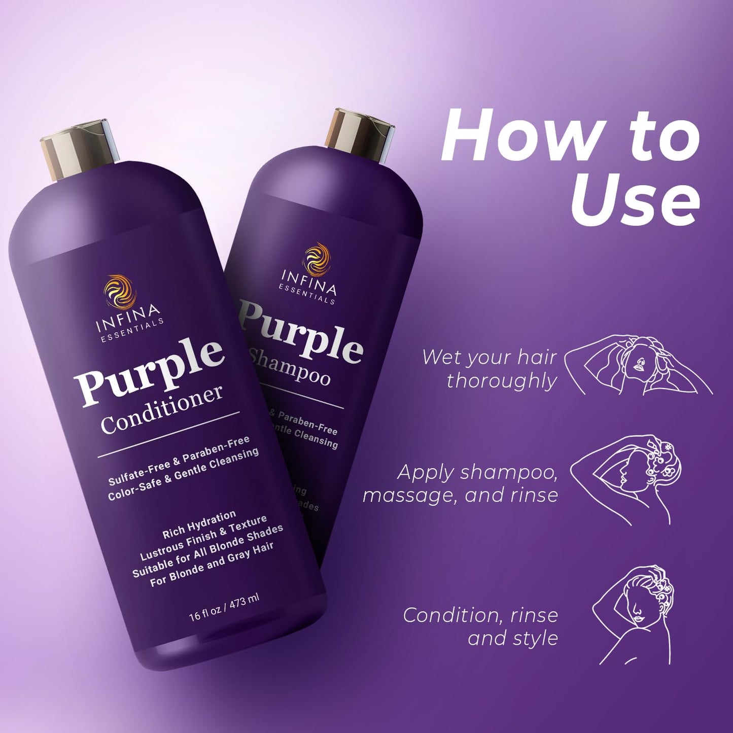 INFINA ESSENTIALS Purple Shampoo and Conditioner Set - Sulfate Free, Enriched with Coconut Oil & Aloe Vera, Ideal for Blonde, Gray, Brassy & Color