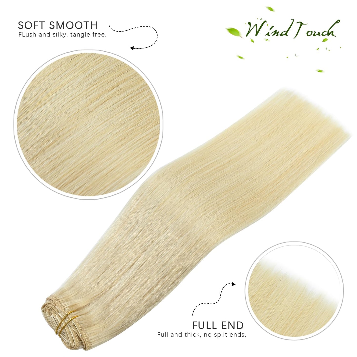 WindTouch Clip In Hair Extensions Real Human Hair Platinum Blonde Hair Extensions 18Inch 75g #60 7PCS