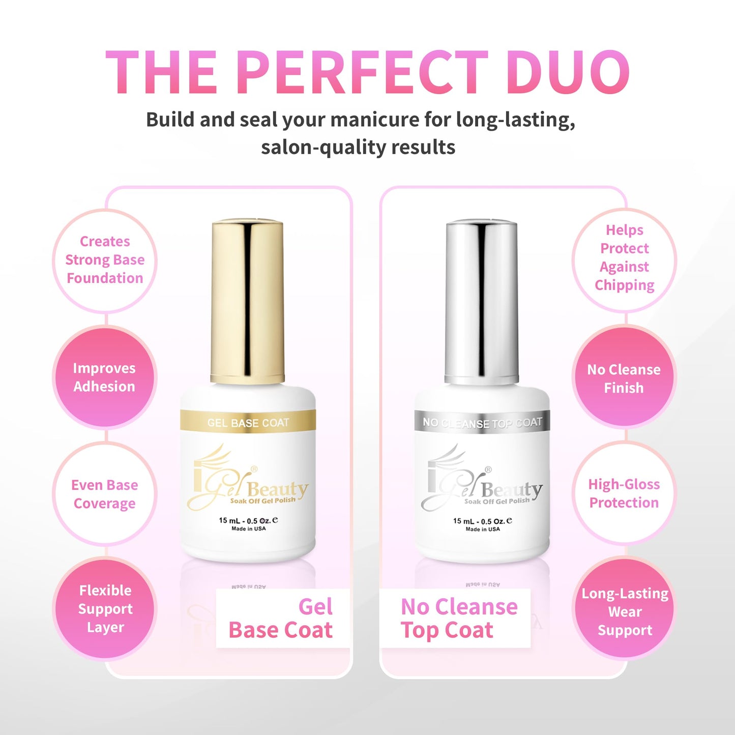 iGel Beauty Gel Base Coat & No Cleanse Top Coat Set - 2 Pack, Soak-Off UV/LED Gel Polish System, Long-Lasting, High Shine, No Wipe, Chip-Resistant Beauty & Personal Care iGel Beauty
