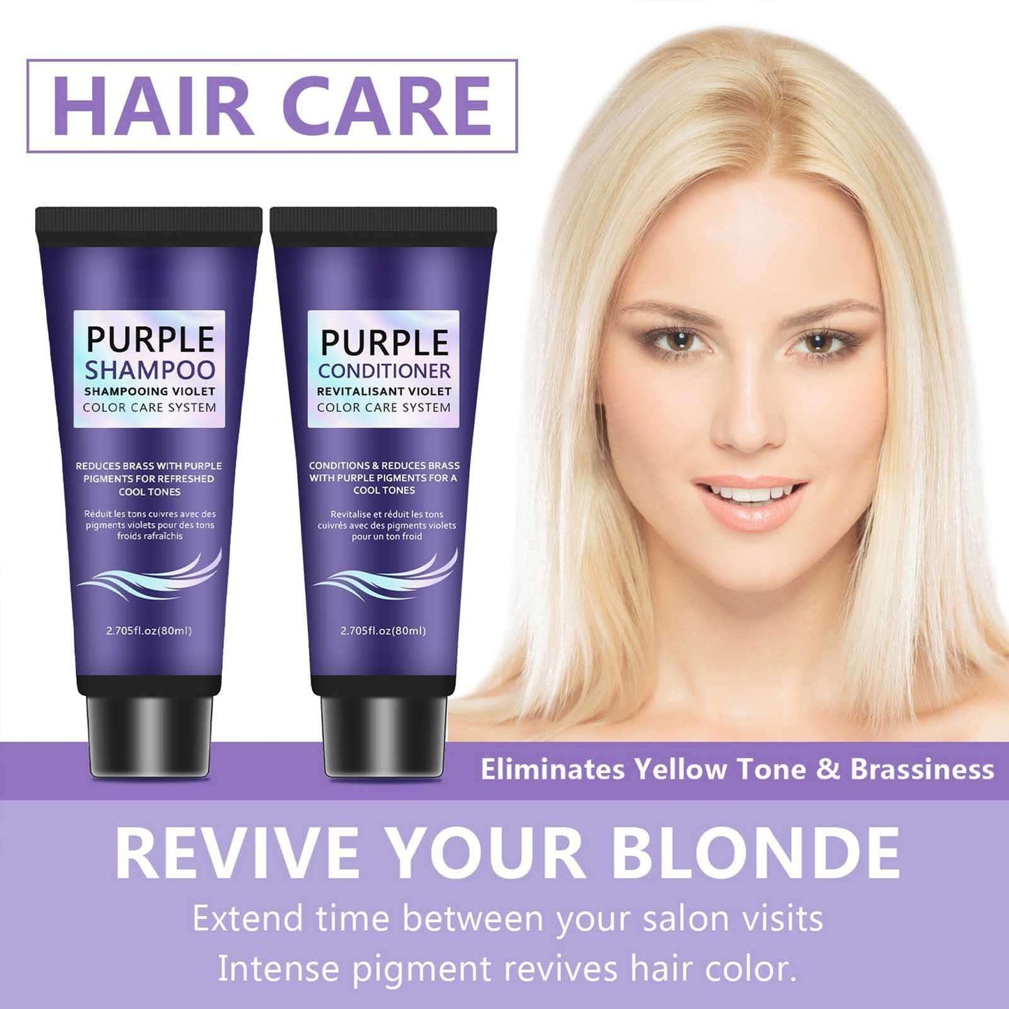 Purple Shampoo and Conditioner Set, Anti-Brass Toning, Enhance Blonde Tones, Deep Moisturizer,Frizz Control-Repair and Hydration,for Blonde,Silver, or