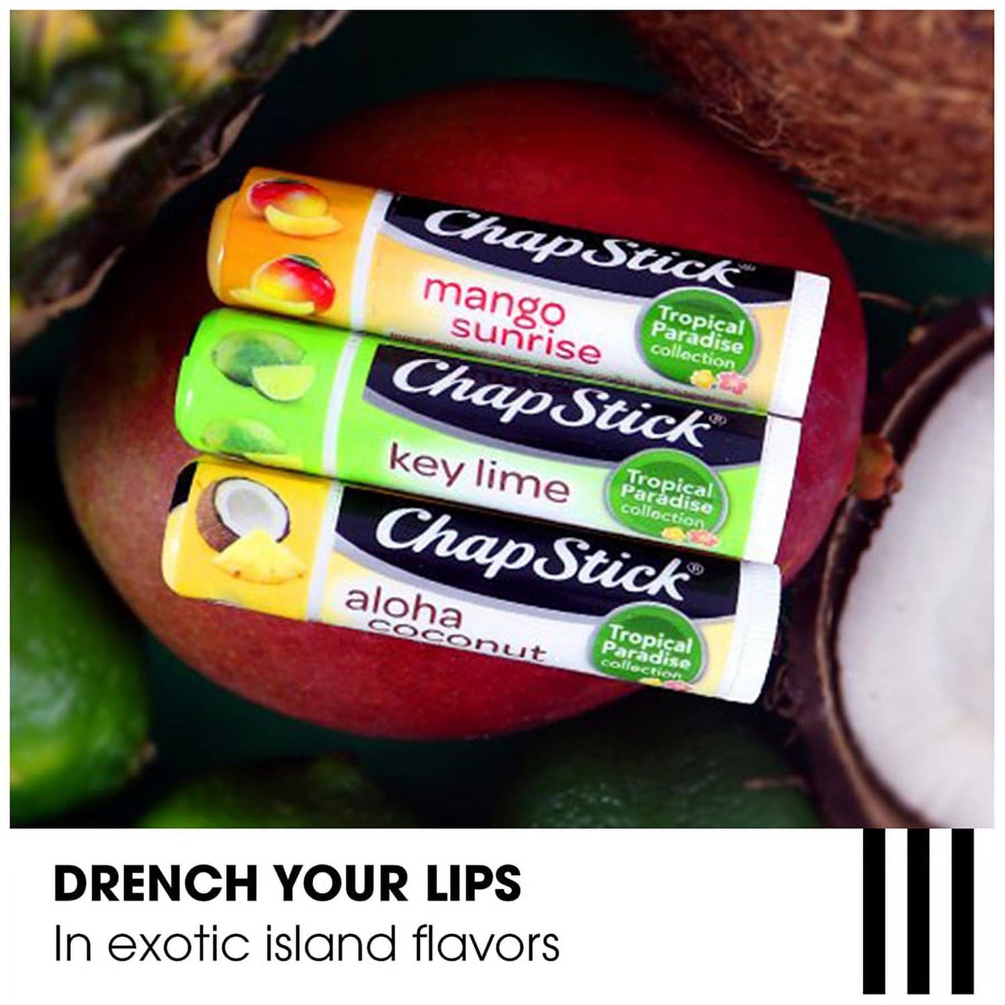ChapStick Lip Care Set, Tropical Paradise Collection 3-Pack - Mango Sunrise, Key Lime & Aloha Coconut Lip Balm, 0.15 Oz Ea