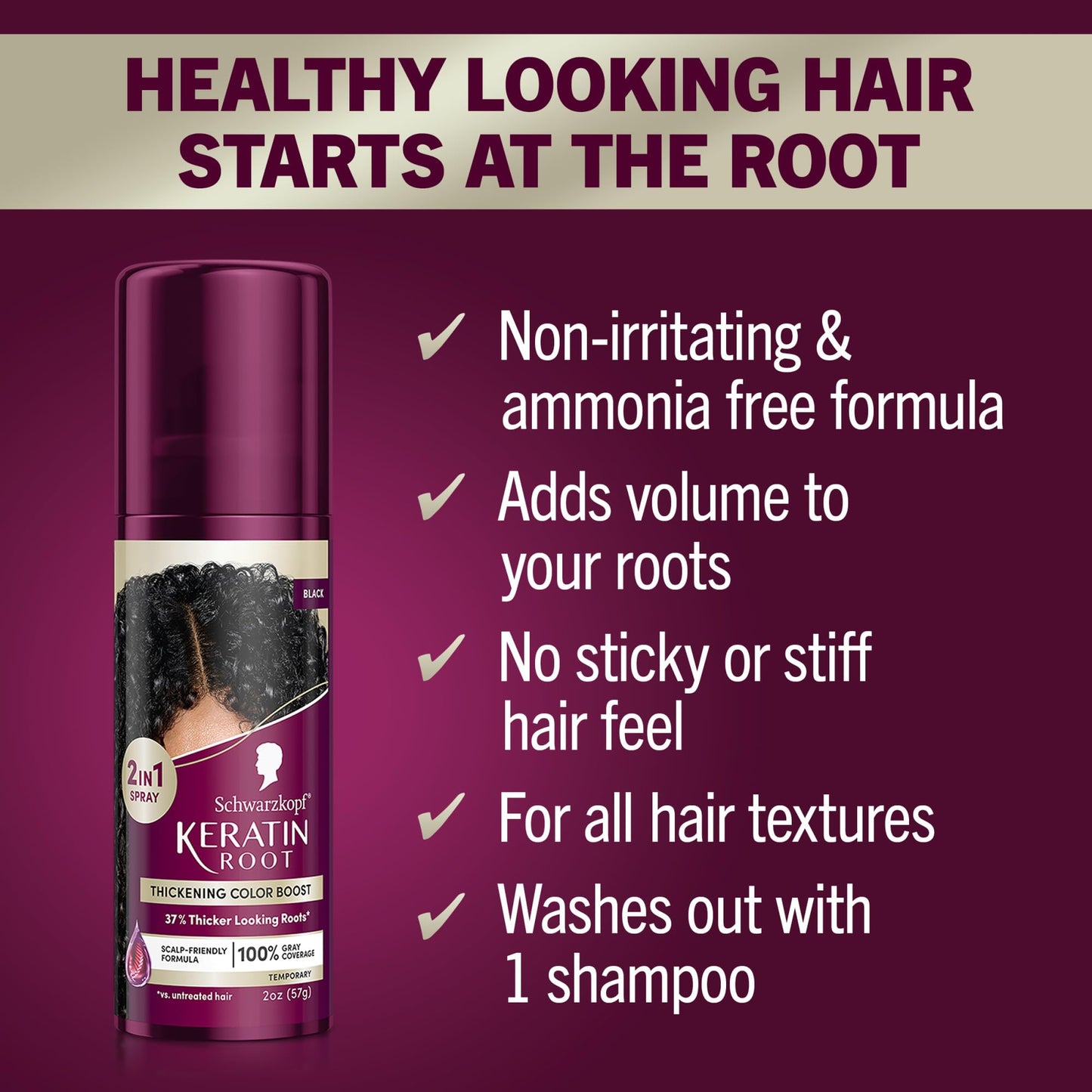 Schwarzkopf Keratin Root Temporary Hair Color Spray, Black, Instant Gray Coverage, Thicker, Fuller-Looking Roots, Easy-to-Use, No Ammonia, Low Mess