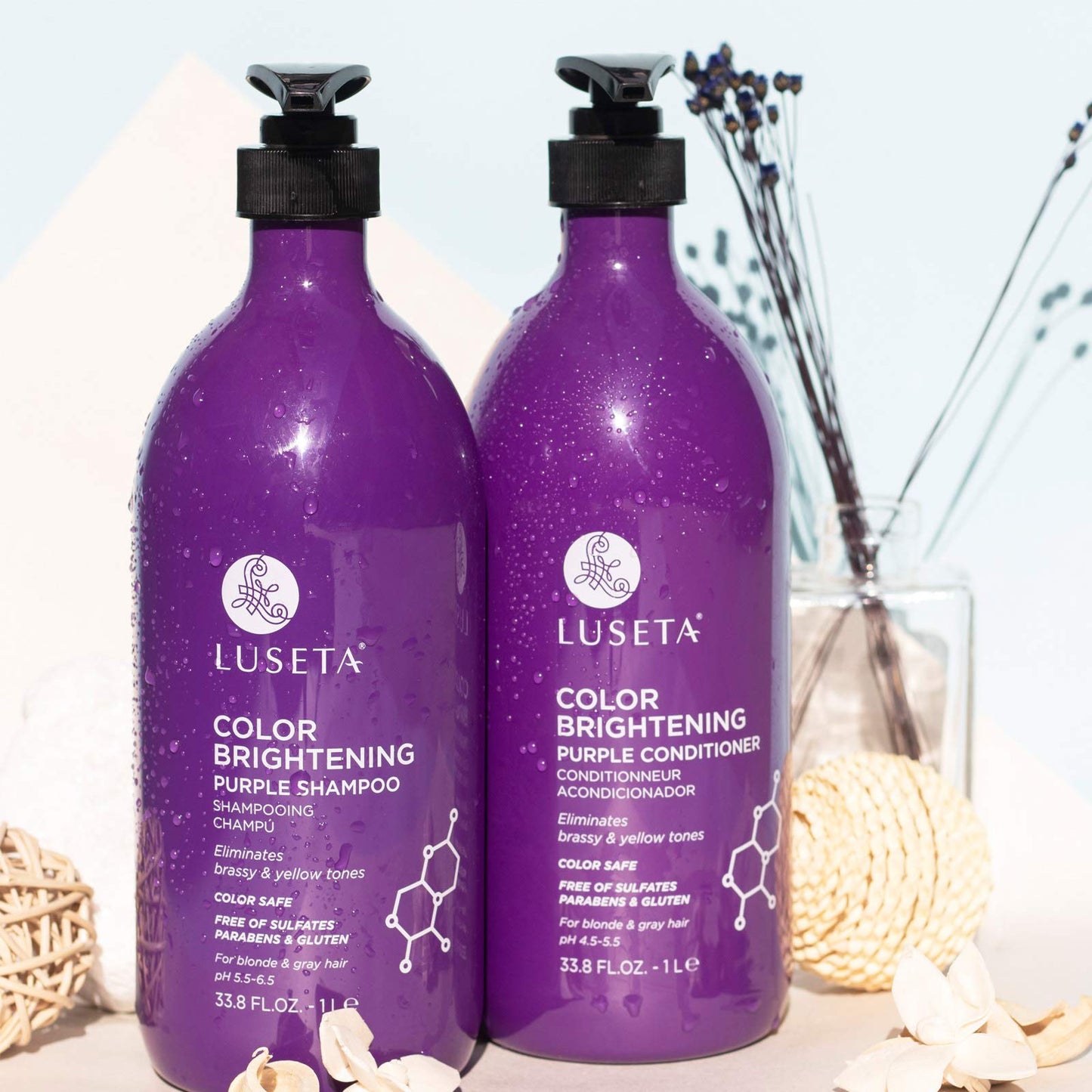 L LUSETA Color Brightening Purple Shampoo and Conditioner Set for Blonde and Gray Hair, Infused with Cocos Nucifera Oil to Help Nourish, Moisturize