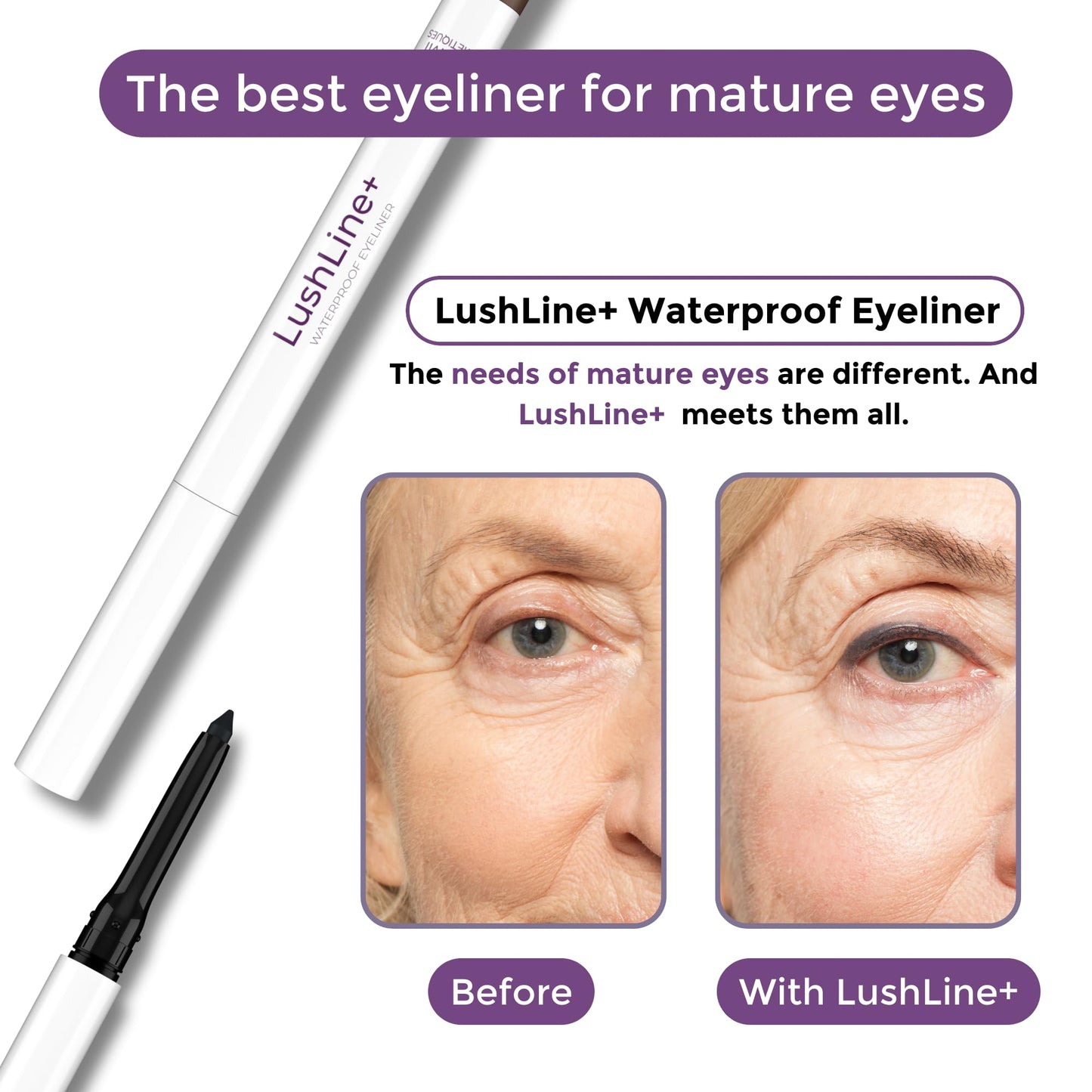 Rumi Cosmetiques LushLine+ Waterproof Eyeliner Pencil For Older Women - Smudge Proof, Long-Lasting, Non Toxic, Soft Glide - Safe For Sensitive Eyes…