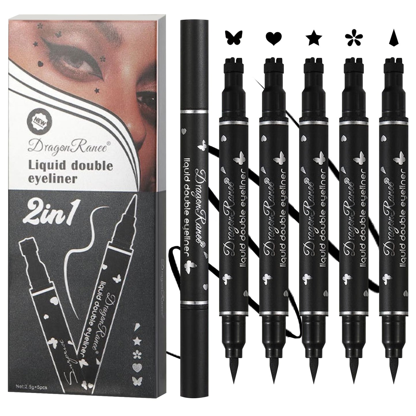 5 PCS Black Liquid Winged Eyeliner Stamp Pen Makeup Tools,Double-side Eyeliner Stamps Pencil Set,Waterproof & Long Lasting Smudgeproof Eye Liner