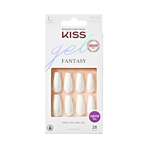 KISS Gel Fantasy, Press On Nails, Nail glue included, 'True Color', White, Long Size, Coffin Shape, Includes 28 Nails, 2g glue, 1 Manicure Stick, 1 Beauty & Personal Care KISS