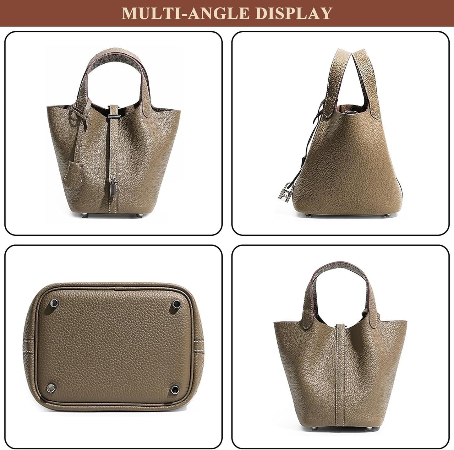 ADPWRL Genuine Leather Soft Bucket Bag for Women Fashion Lock Design Handbags Vegetable Basket Satchel with Top Handle Bags, Black (Silver Lock)