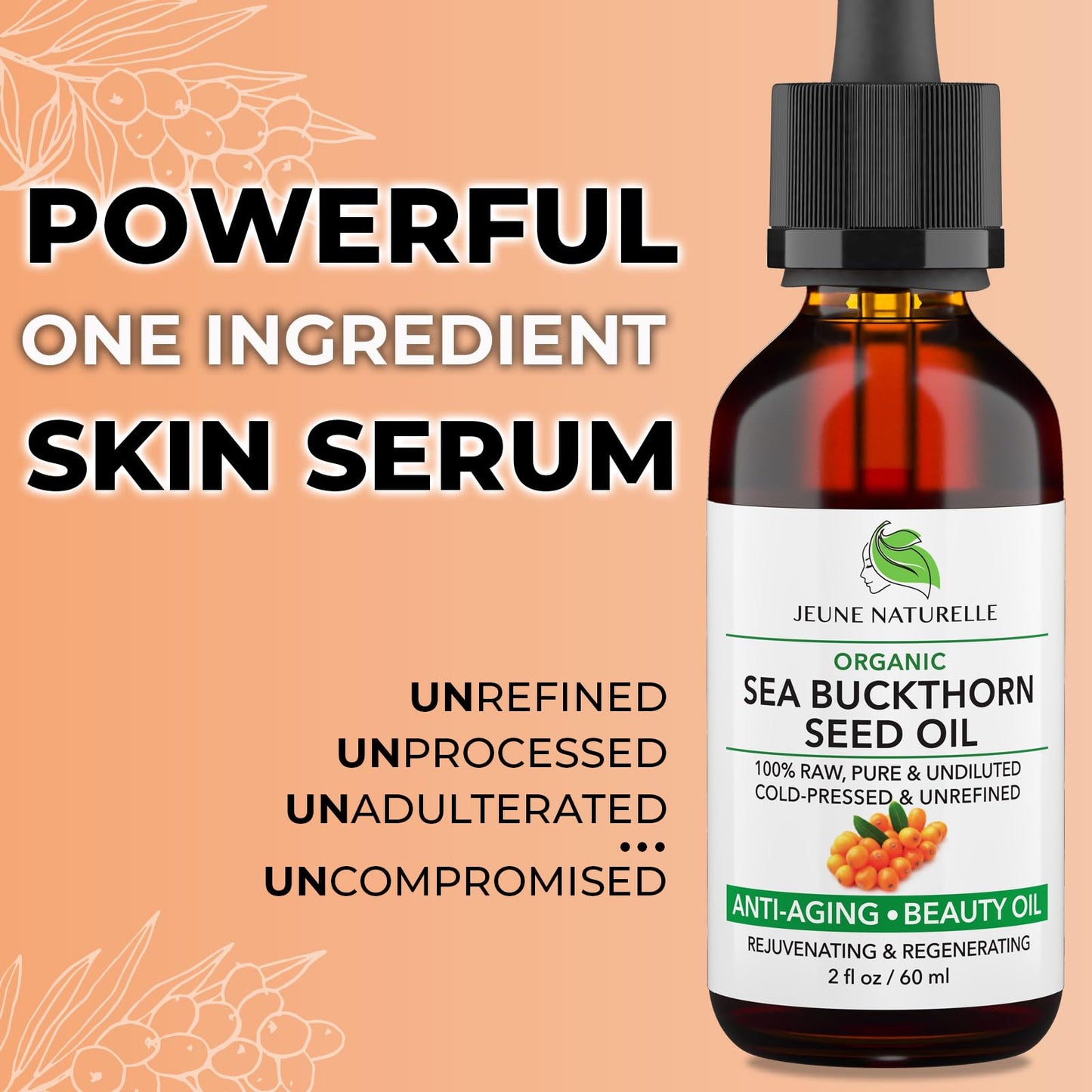 Jeune Naturelle Sea Buckthorn Oil Organic, From Fruit & Seeds, 100% Pure RAW Virgin Cold-Pressed Undiluted Unrefined, Fast Absorbing, Travel Size