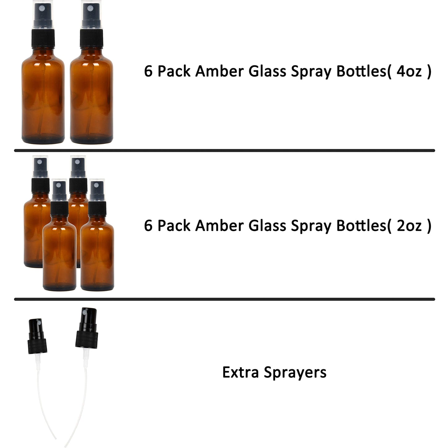 Youngever 12 Pack Empty Amber Glass Spray Bottles, 6 Pack 4 Ounce and 6 Pack 2 Ounce Refillable Containers for Essential Oils, Cleaning Products