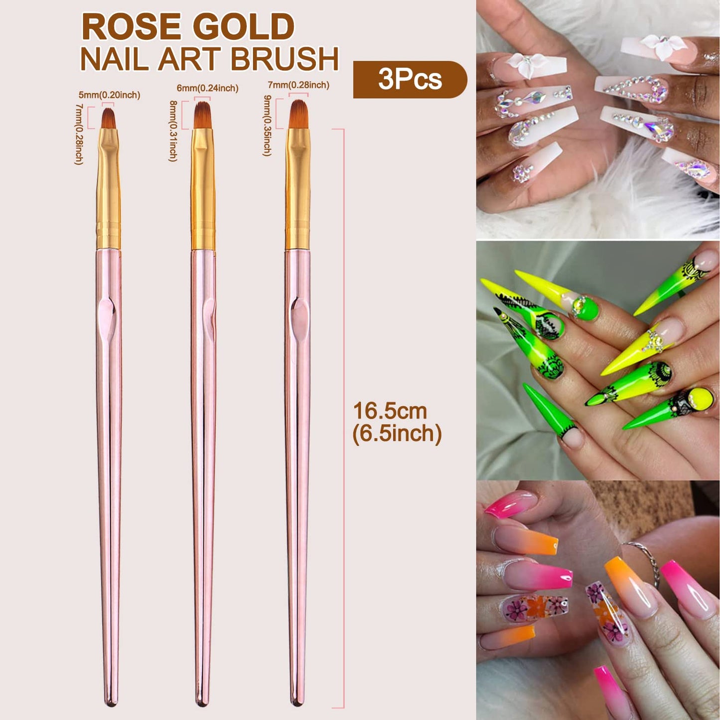SILPECWEE 3 Pcs Oval Nail Brush Set - Rose Gold, Acrylic Nail Art Brushes Manicure Painting Pen Design Tool Professional Remover Polish Nail Clean Up