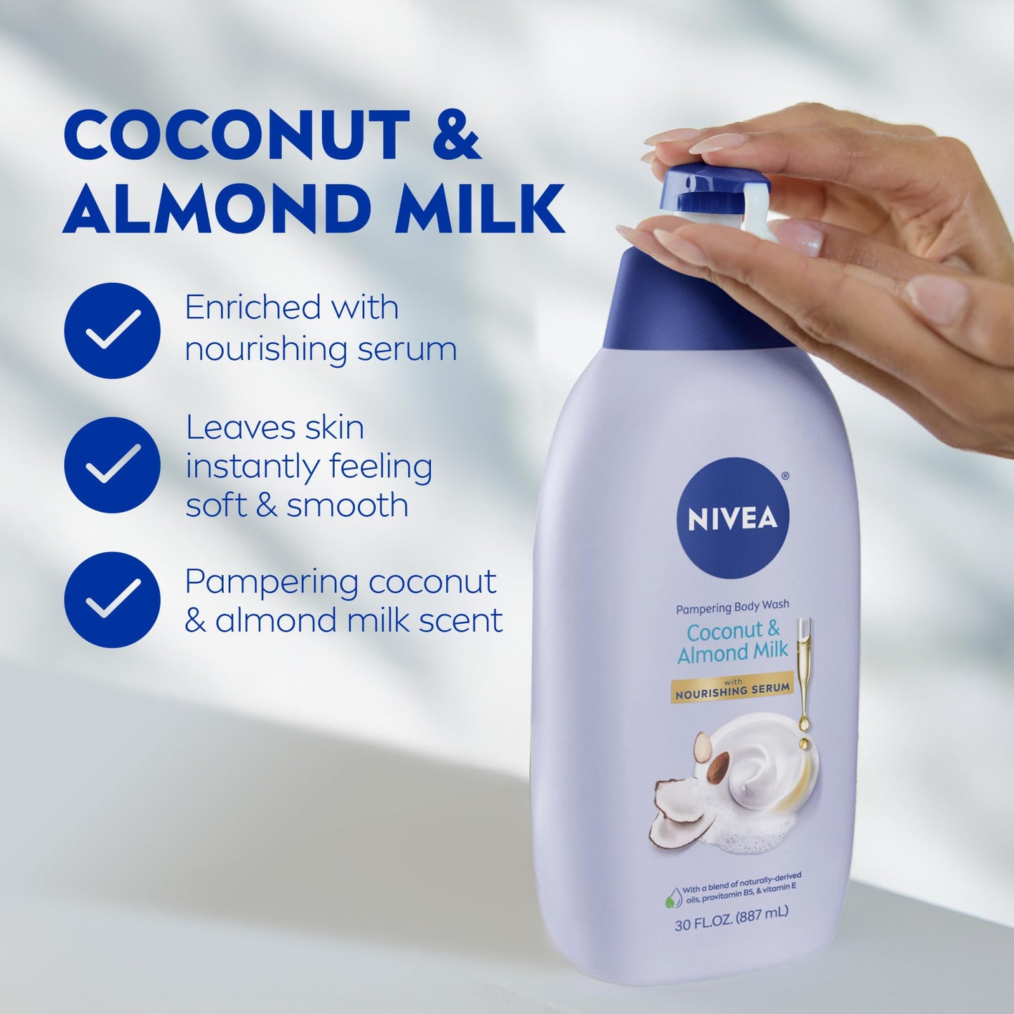 NIVEA Pampering Coconut and Almond Milk Body Wash with Nourishing Serum, Moisturizing Body Wash for Women, Enriched with Provitamin B5 and Vitamin E