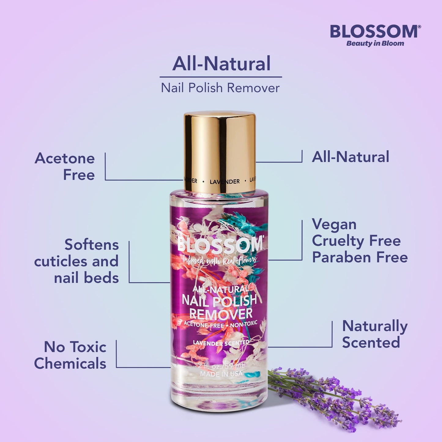 Blossom Non Toxic Nail Polish Remover Non Acetone, All Natural Scented, Vegan, Acetone Free Nail Polish Remover, Organic Plant-Based, Infused
