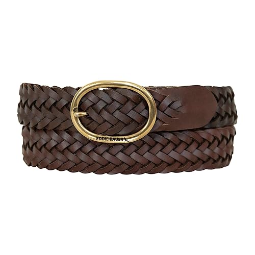 Eddie Bauer Women's Casual Leather Belts with Durable Metal Buckle, Center Bar Woven - Brown, X-Large