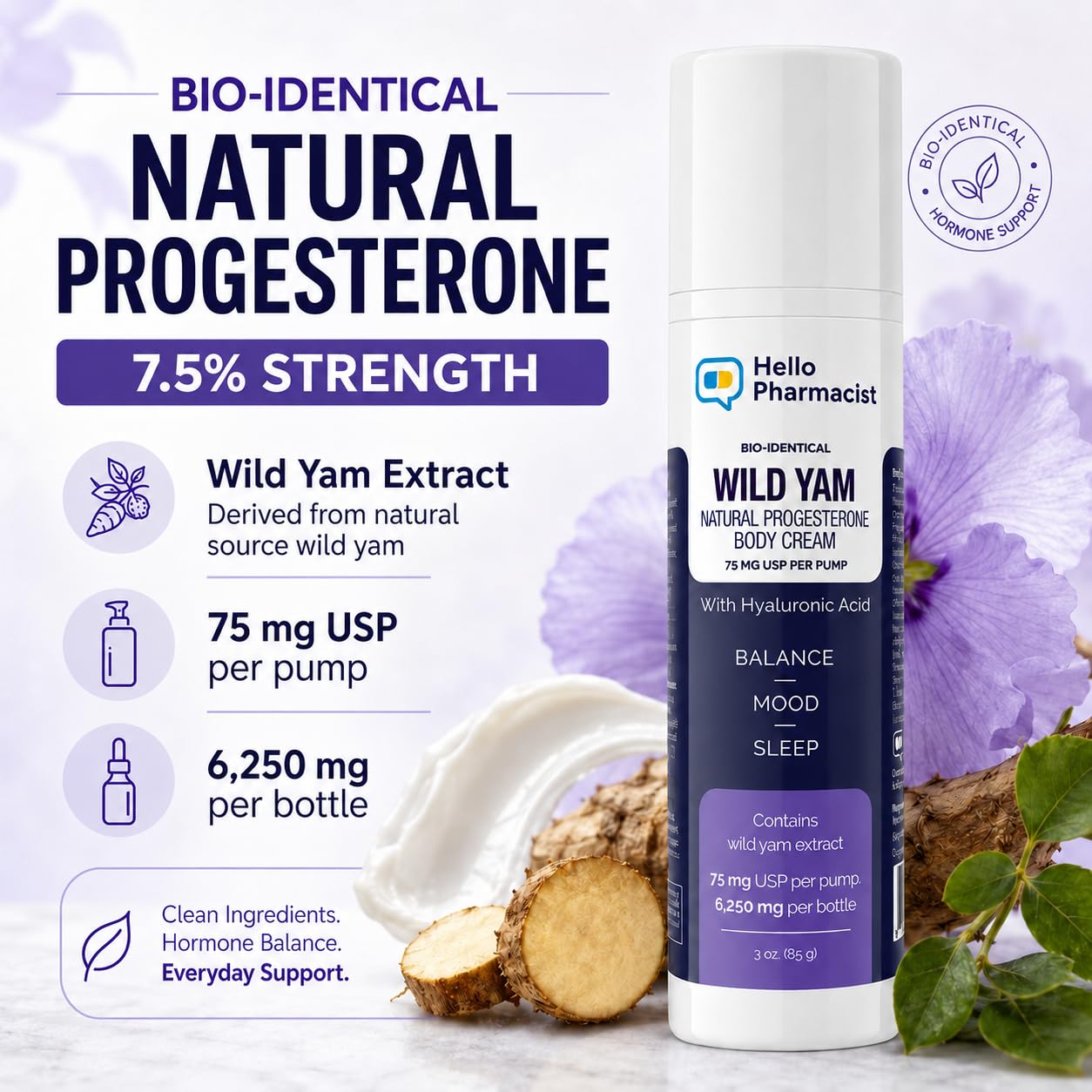 HelloPharmacist BioIdentical Progesto Cream 75mg MAX - Hormone Balancing Skin Moisturizer with Hyaluronic Acid, Plant-Based, Non-GMO, Gluten-Free