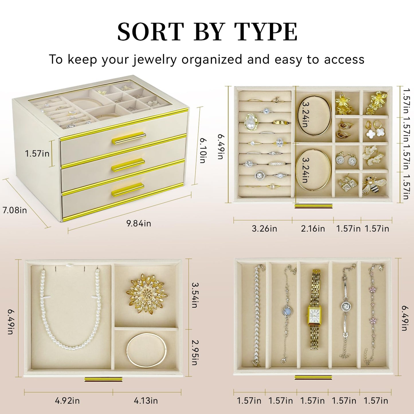 3 Layer Drawer Jewelry Box for Women, Glass Lid Jewelry Organizer for Necklaces Ring Earring Bracelets Watch ，Suitable for Indoor Fashion room…