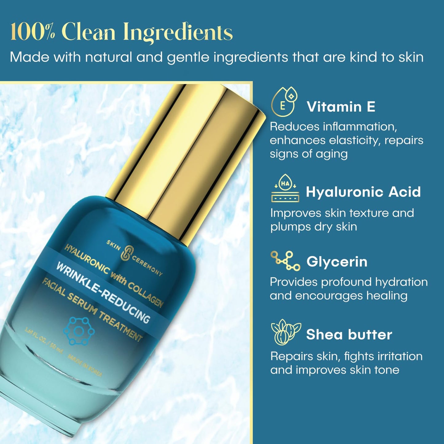 Skin Ceremony Hyaluronic Acid & Collagen Wrinkle Reducing Serum - Deep Hydration, Plumps & Smooths Skin - Dermatologist Tested, Clean Beauty, Korean