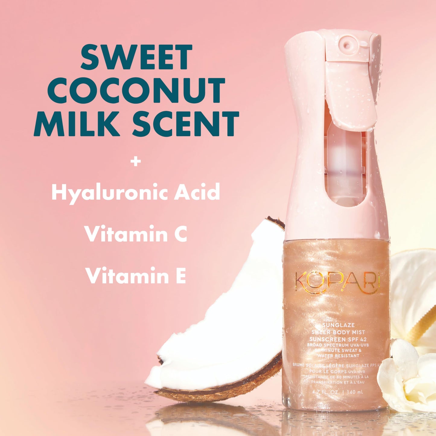 Kopari Rose Gold Sunglaze Sheer Body Mist Sunscreen SPF 42, Infused with Shimmering Body Oil, Hydrating Mist, Hydrates, Brightens, Makeup Friendly