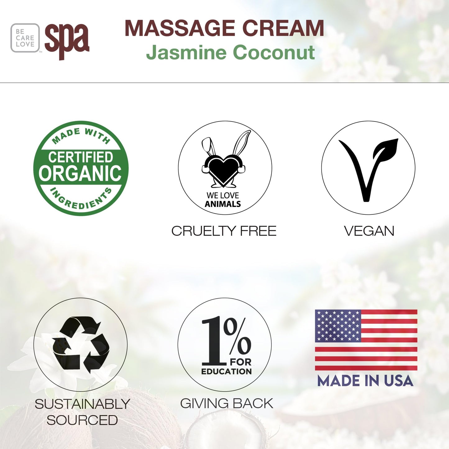 BCL SPA Massage Cream organic Jasmine + Coconut body lotion with rice extract, shea butter, aloe vera, argan and jojoba oils, body cream to hydrate