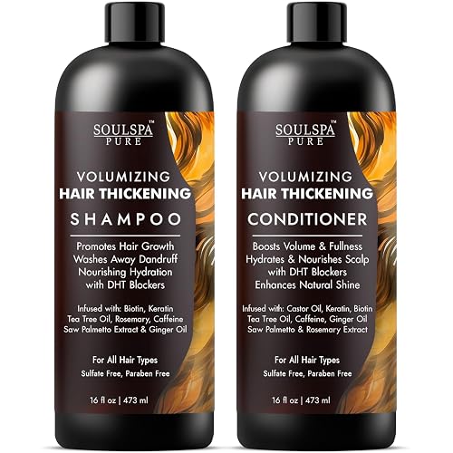 SOULSPA PURE Thickening Shampoo and Conditioner Set - Volumizing Formula with DHT Blockers, Biotin, Keratin, Caffeine & Saw Palmetto - Hair Thickening