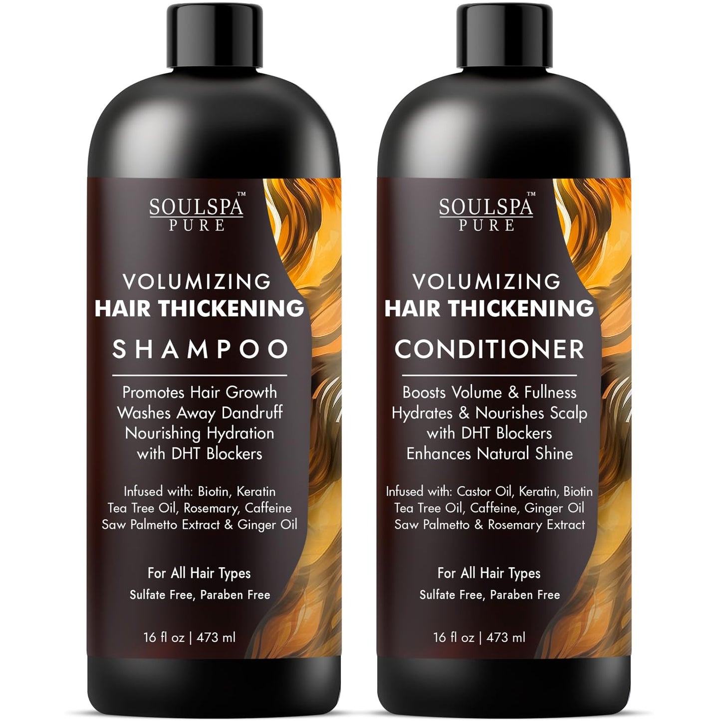 SOULSPA PURE Thickening Shampoo and Conditioner Set - Volumizing Formula with DHT Blockers, Biotin, Keratin, Caffeine & Saw Palmetto - Hair Thickening