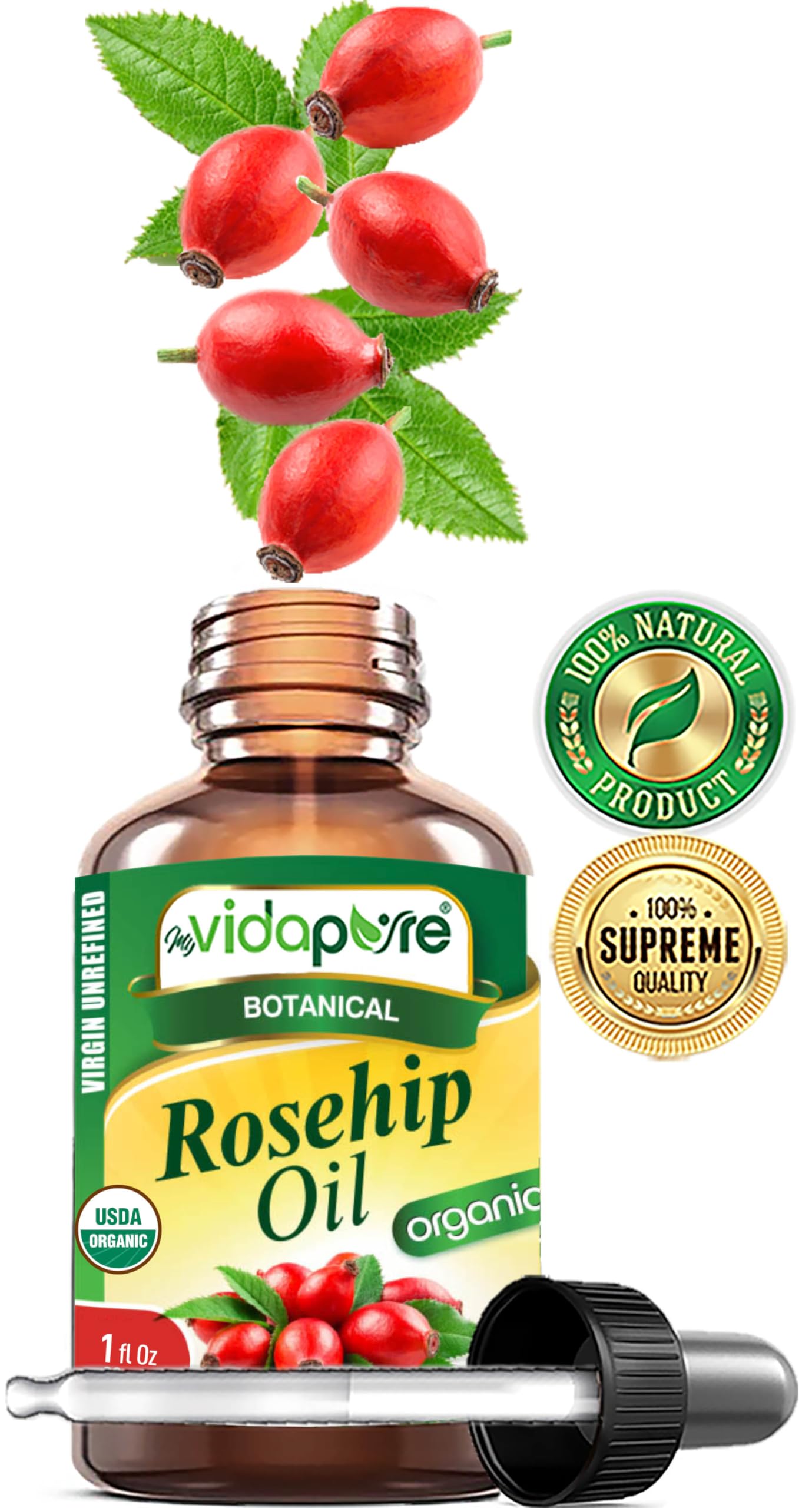 MYVIDAPURE Organic ROSEHIP OIL Certified Organic WILD GROWTH RAW Pure VIRGIN UNREFINED for Face, Body, Hair and Lip Care (1 Fl Oz)