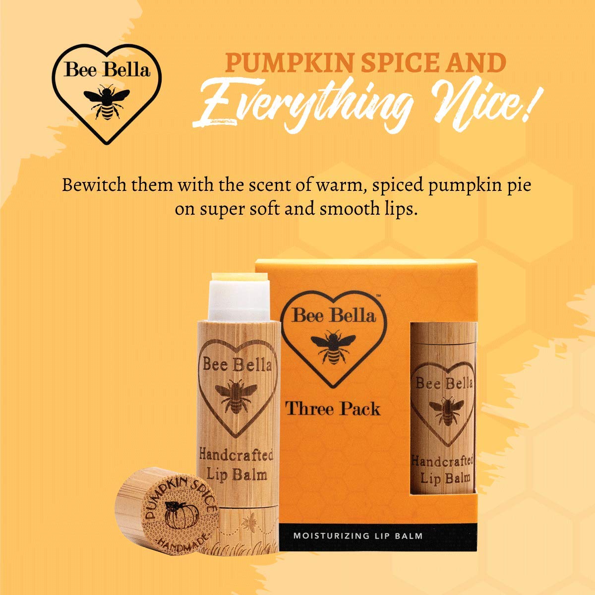 Bee Bella Lip Balm Pumpkin Spice (3 Pack)- With Beeswax, Coconut Oil, Jojoba Oil, Vitamin E Oil, Argan Oil and More for Soft and Smooth Lips
