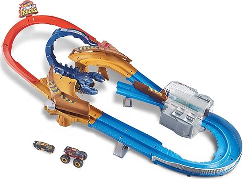 Hot Wheels Monster Trucks Scorpion Sting Raceway Track Set with 1 Toy Truck & 1 Car in 1:64 Scale, Boosted Race Track