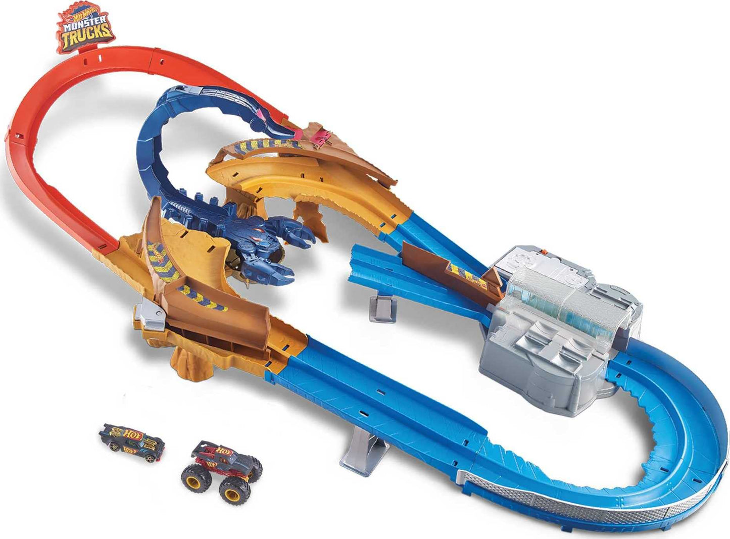 Hot Wheels Monster Trucks Scorpion Sting Raceway Track Set with 1 Toy Truck & 1 Car in 1:64 Scale, Boosted Race Track