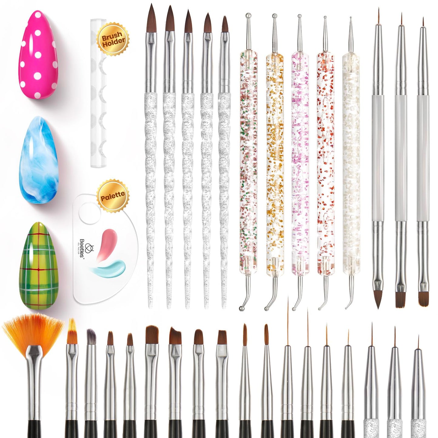 Beetles 31pcs Nail Art Brushes, Dotting Tools, Nail Art Pens, Dust Brush, Striping Liner Fingernail Drawing Pens with Palette Holder Metal Handle All Beauty and Personal Care beetles Gel Polish