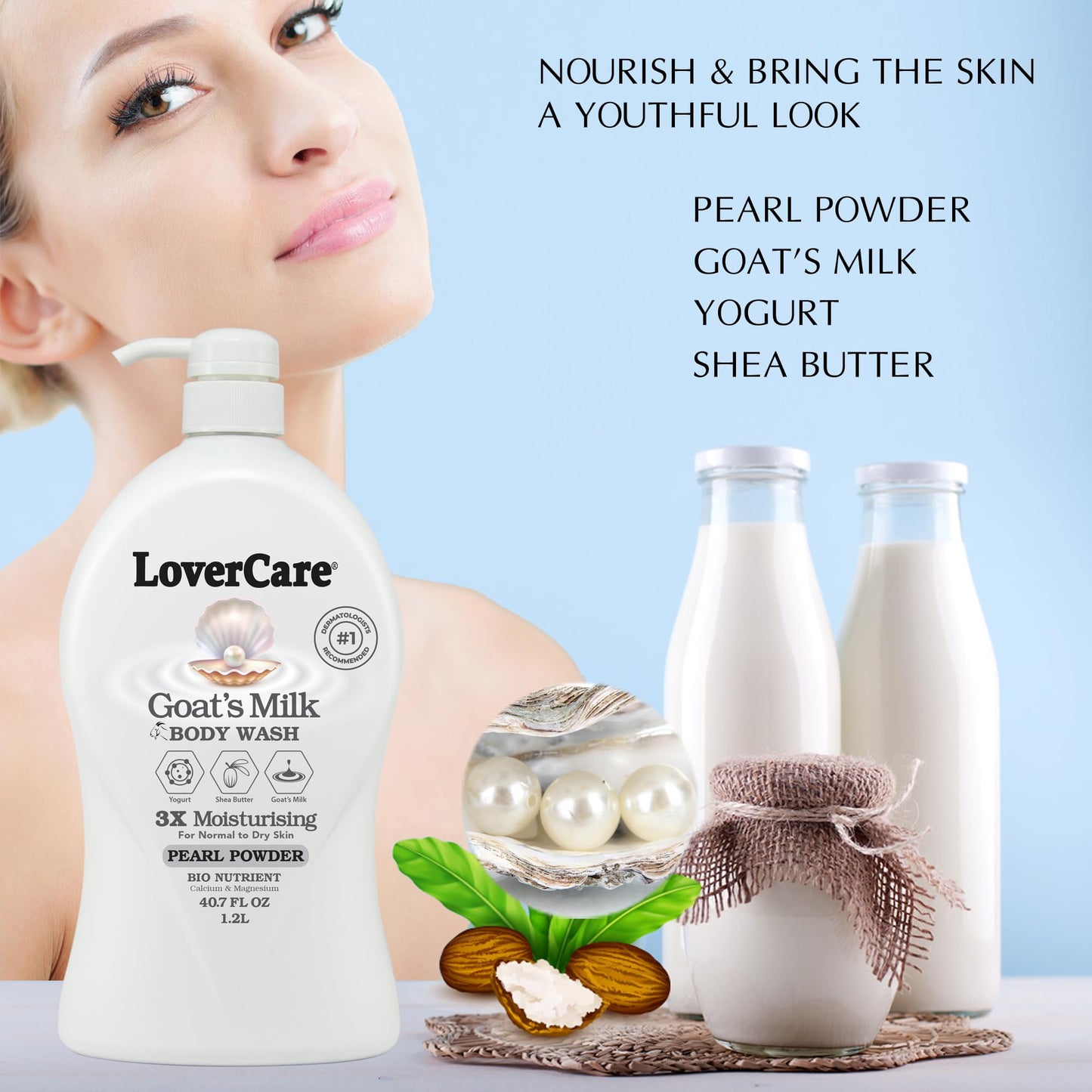 Lovercare goat's milk body wash shower cream Pearl Powder 40.7 oz (1200ml)