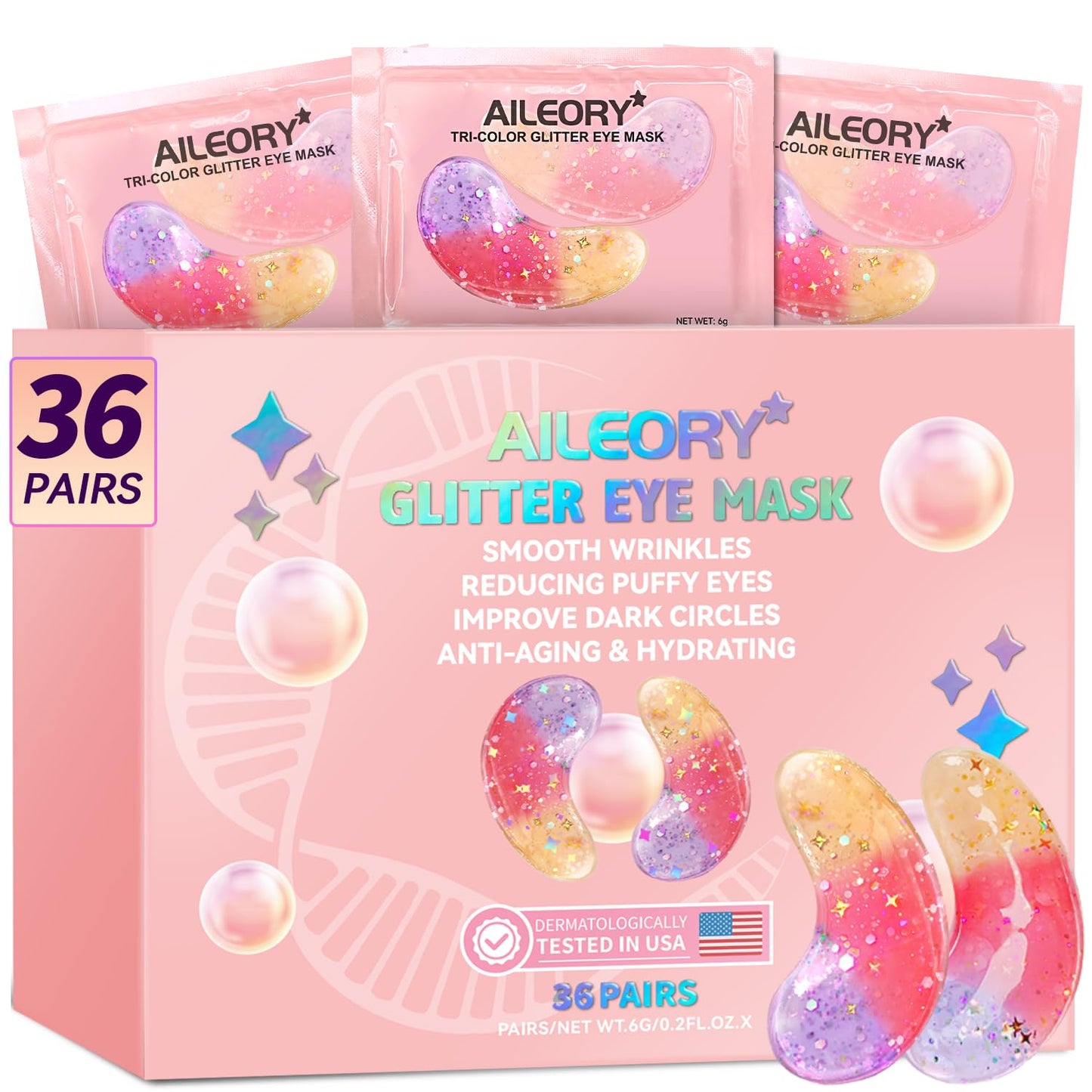AILEORY Under Eye Patches (36 Pairs) - Tri-color Glitter Eye Gel Pads for Dark Circles, Puffy Eyes, Under eye Bags, Wrinkles | Natural Collagen Under Beauty and Personal Care AILEORY Default Title
