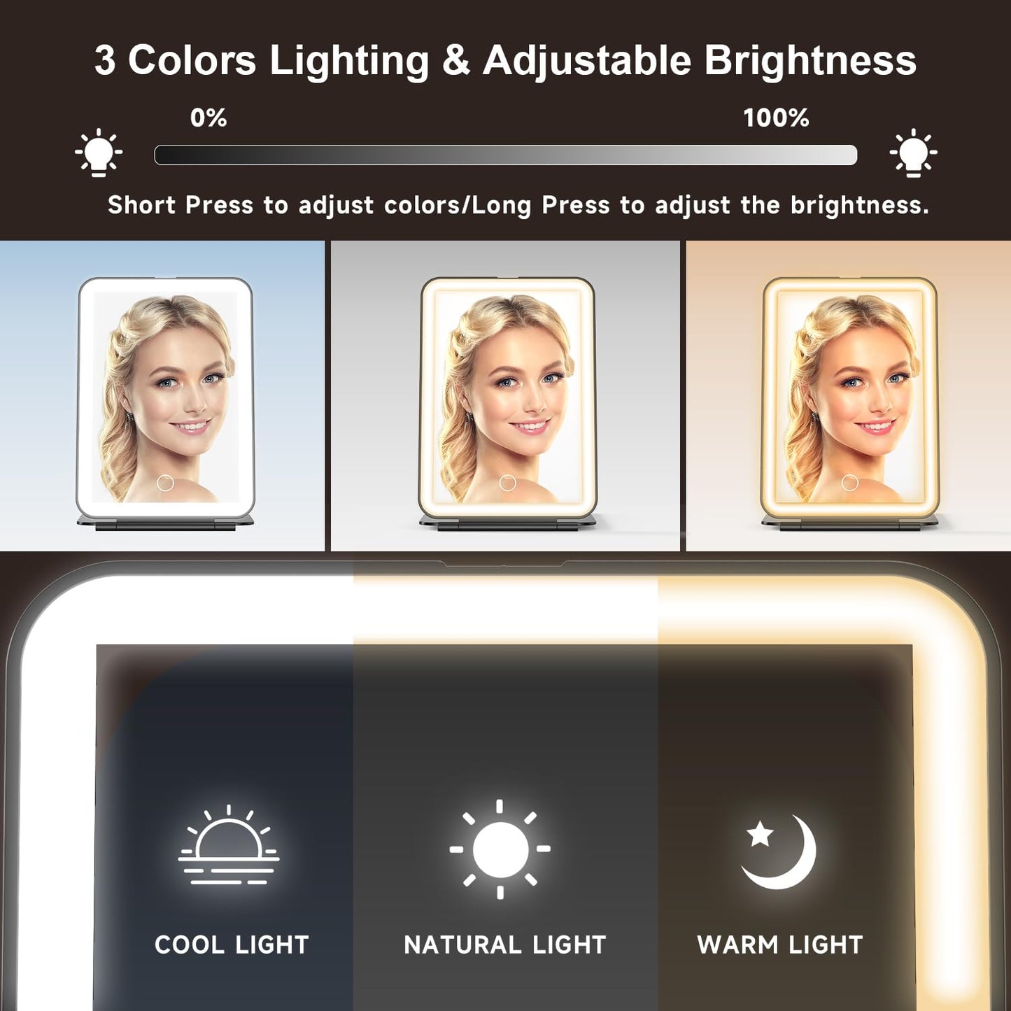 Mocado LED Foldable Travel Makeup Mirror - 5x7 inches 3 Colors Light Modes USB Rechargeable Touch Screen, Portable Tabletop Cosmetic Mirror