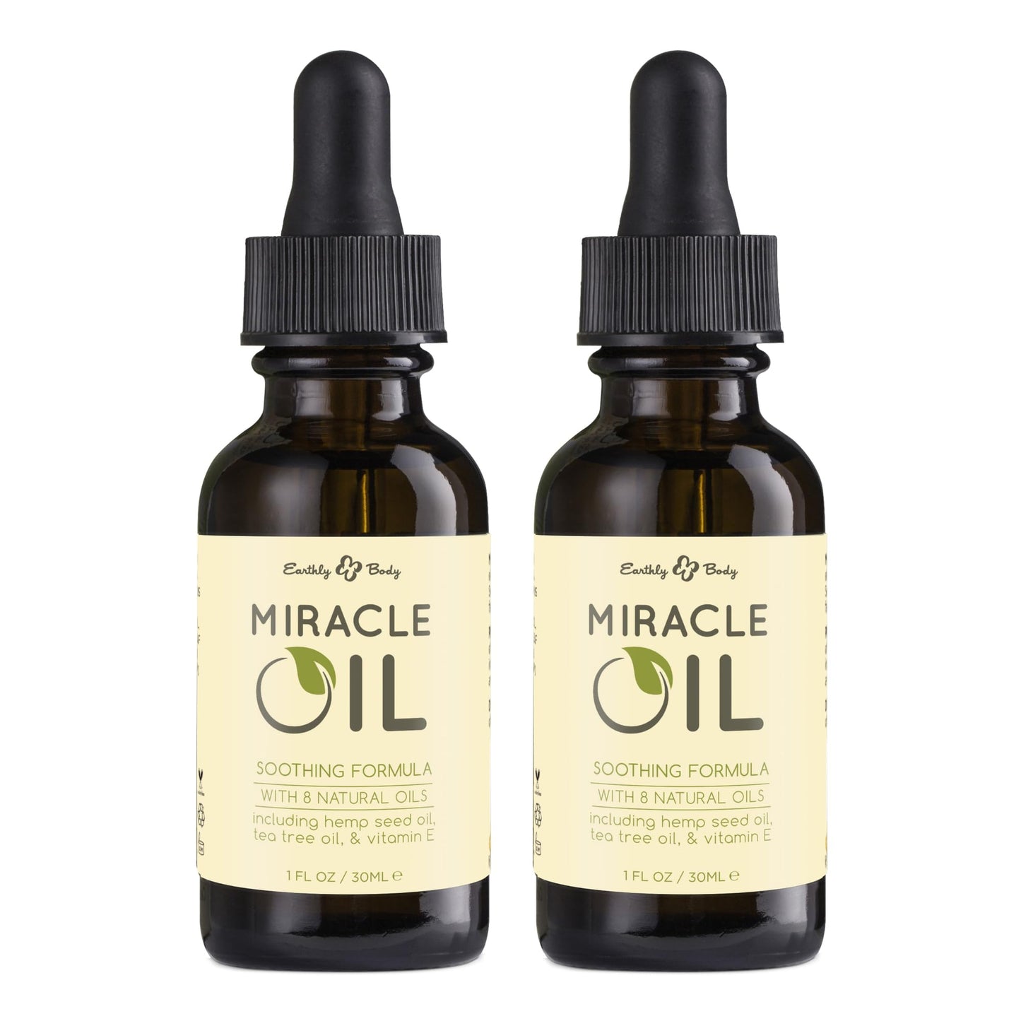 Earthly Body Miracle Oil, 1 fl. oz. - 2 Pack - 100% Natural Tea Tree Oil, Hemp Seed Oil & Vitamin E - Moisturizer, Calms Skin Irritations, Helps