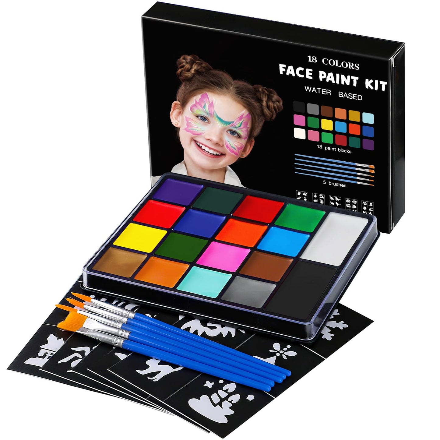 Face Painting Kit for Kids, 18 Colors Water Activated Face Paint with Brushes & Stencils, Non-Toxic Halloween Makeup Kit, Professional Face Body Paint