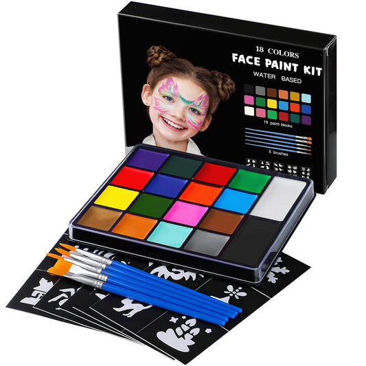 Face Painting Kit for Kids, 18 Colors Water Activated Face Paint with Brushes & Stencils, Non-Toxic Halloween Makeup Kit, Professional Face Body Paint Beauty & Personal Care Asddage