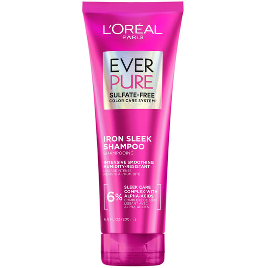 L'Oreal Paris Sulfate Free Iron Sleek Smoothing Shampoo, Frizz Control and Humidity-Resistant Formula with Alpha-Acids for Frizzy Hair, EverPure Hair