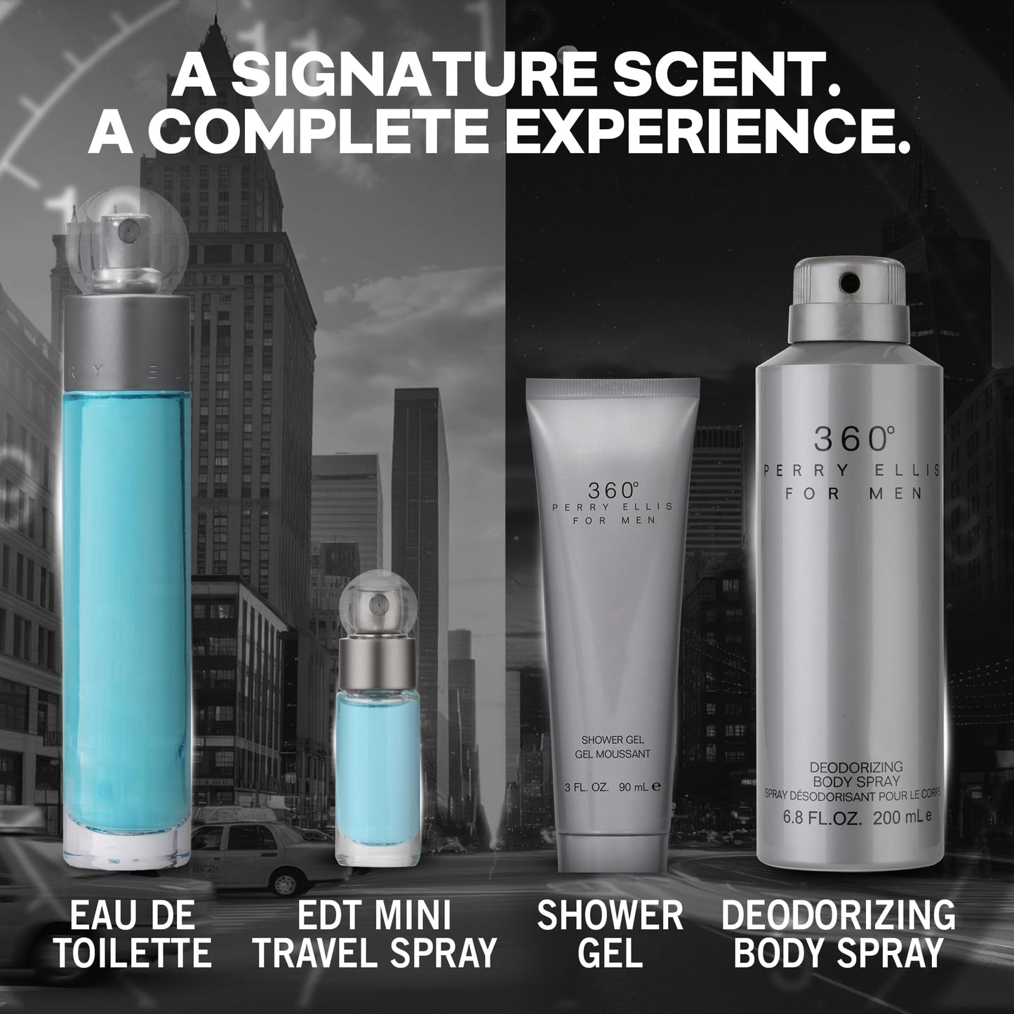 Perry Ellis 360° for Men 4-Piece Gift Set - 3.4 fl oz Eau de Toilette, 3 oz Shower Gel, 6 oz Body Spray, .25 fl oz EDT Mini Travel Spray - fresh Beauty & Personal Care Perry Ellis