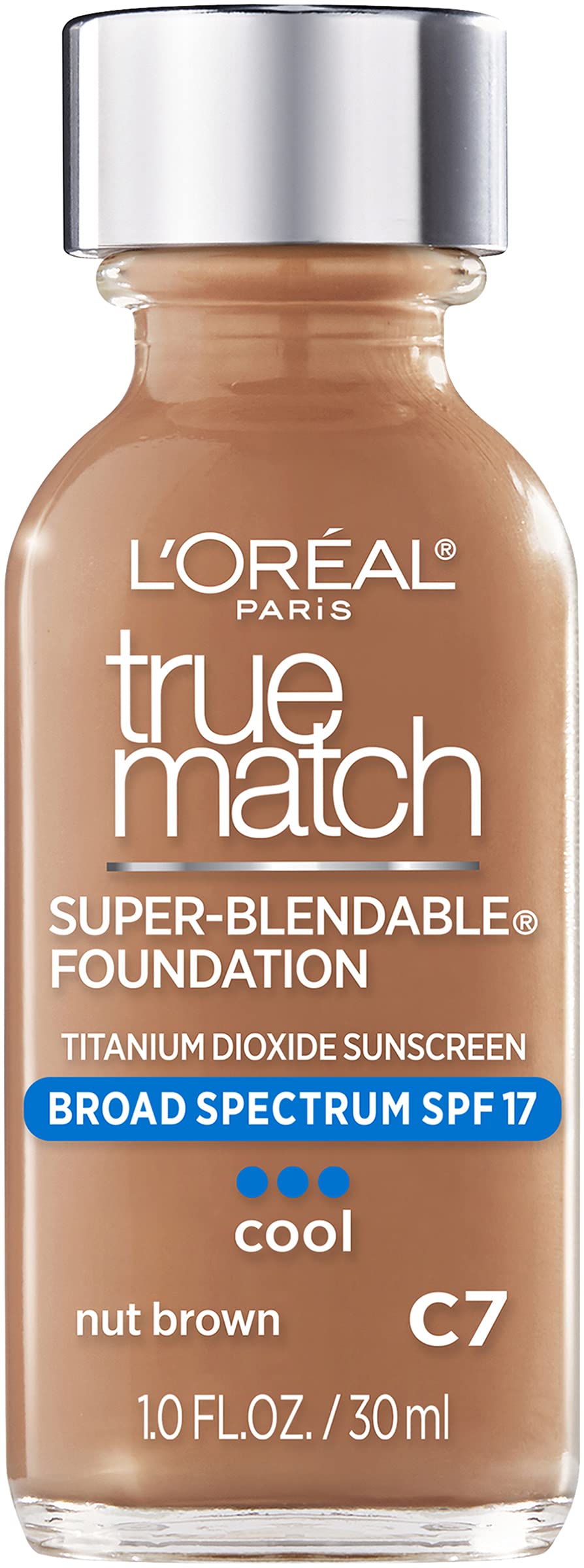 L’Oréal Paris Makeup True Match Super-Blendable Liquid Foundation, Nut Brown C7, 1 Fl Oz,1 Count