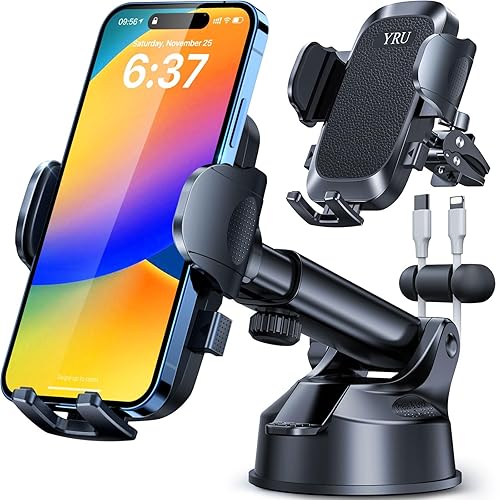 YRU [True Upgrade for Safety] Car Phone Holder Mount [Patent & Military-Grade] Dashboard Cell Phone Holder for Car Vent Windshield Phone Stand…