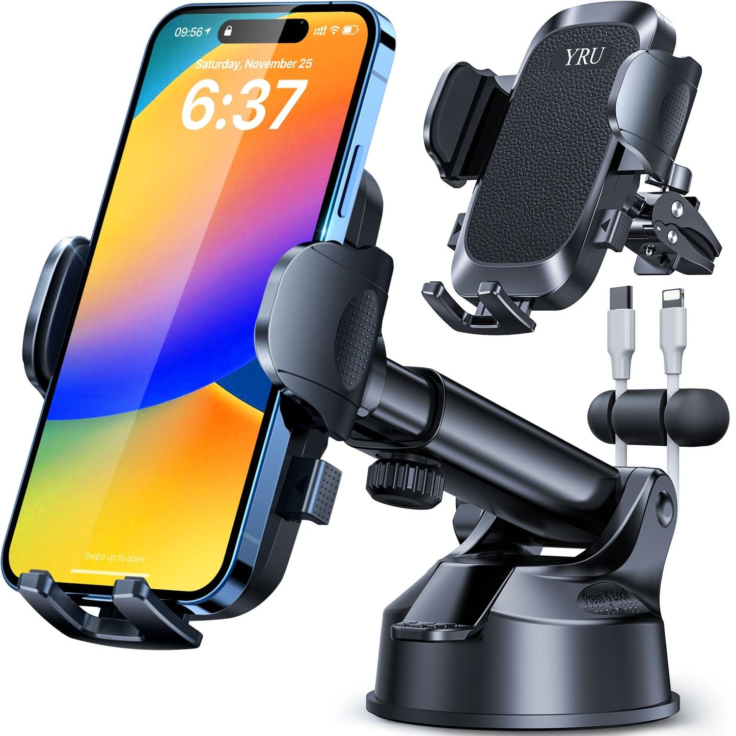 YRU [True Upgrade for Safety] Car Phone Holder Mount [Patent & Military-Grade] Dashboard Cell Phone Holder for Car Vent Windshield Phone Stand…