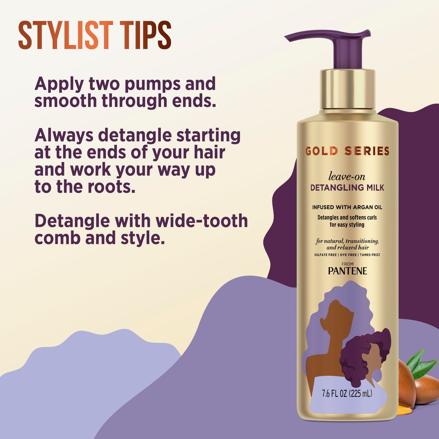 Pantene Gold Series Detangling Milk Hair Treatment for Curly Hair, Natural and Textured Hair, 7.6 Fl Oz Leave-On Hair Detangler Infused with Rich