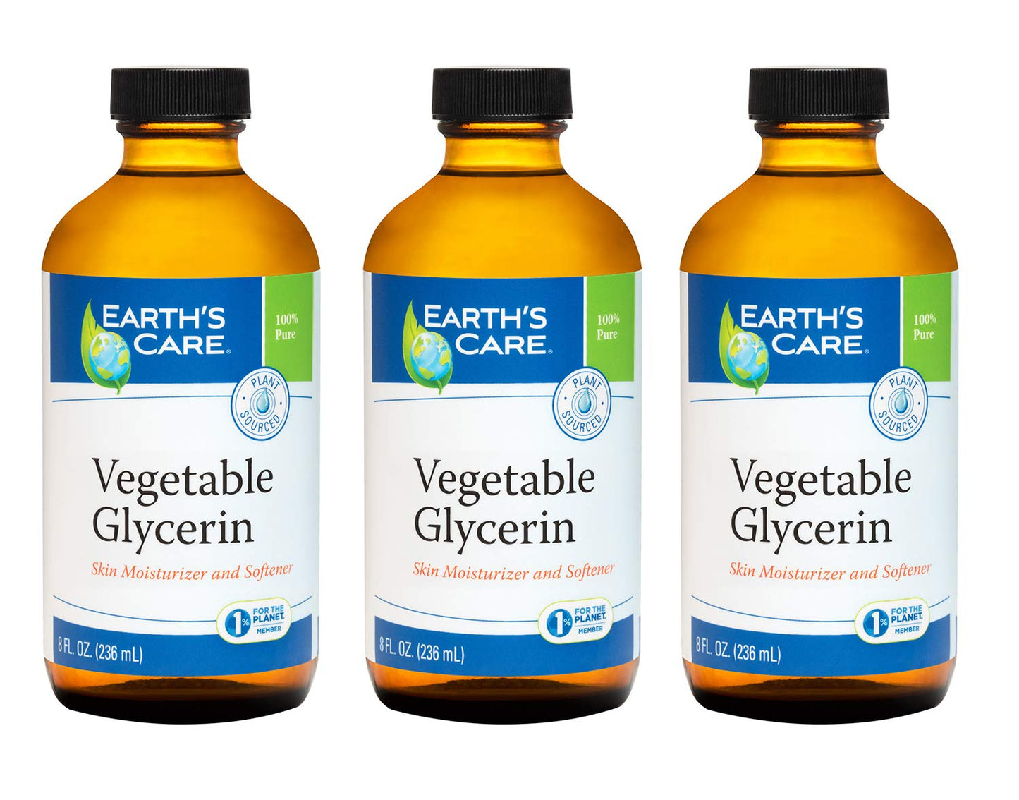 Earth's Care Vegetable Glycerin, 100% Pure Liquid Glycerine for Hair, Skin and DIY Projects 8 FL. OZ. (3 Glass Bottles)