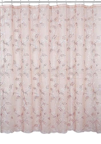 SERAFINA Decorative Sheer Fabric Shower Curtain: Two Toned Dusty Pink and White Embroidered Leaves with Metallic Threading (Blush/White) 70 x 72