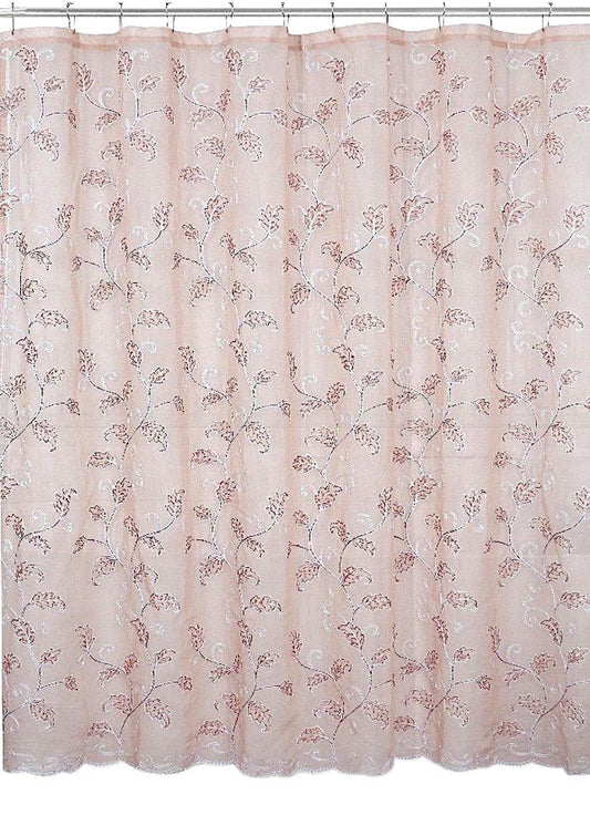 SERAFINA Decorative Sheer Fabric Shower Curtain: Two Toned Dusty Pink and White Embroidered Leaves with Metallic Threading (Blush/White) 70 x 72