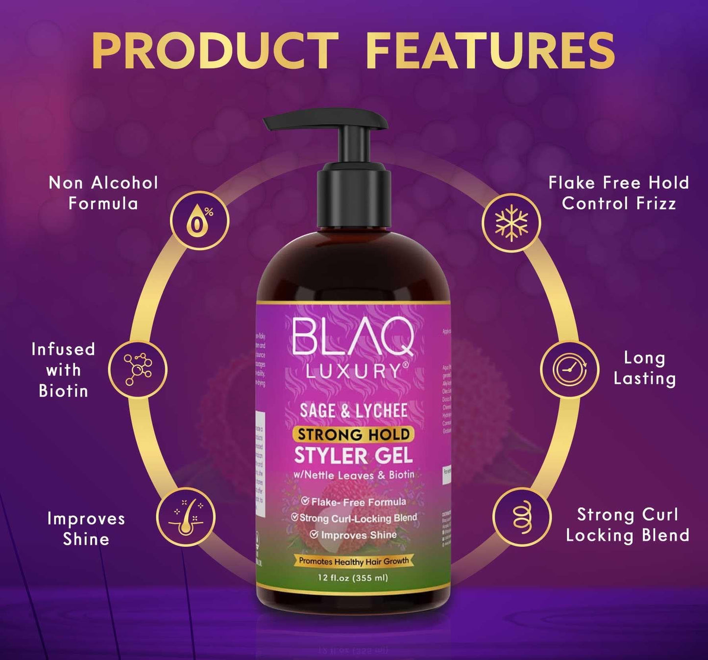 Blaq Luxury Sage & Lychee Strong Hold Styler Gel - Non-Alcoholic and Non-Flaky Formula for All-Day Hold - Biotin Infused - Promotes Hair Repair