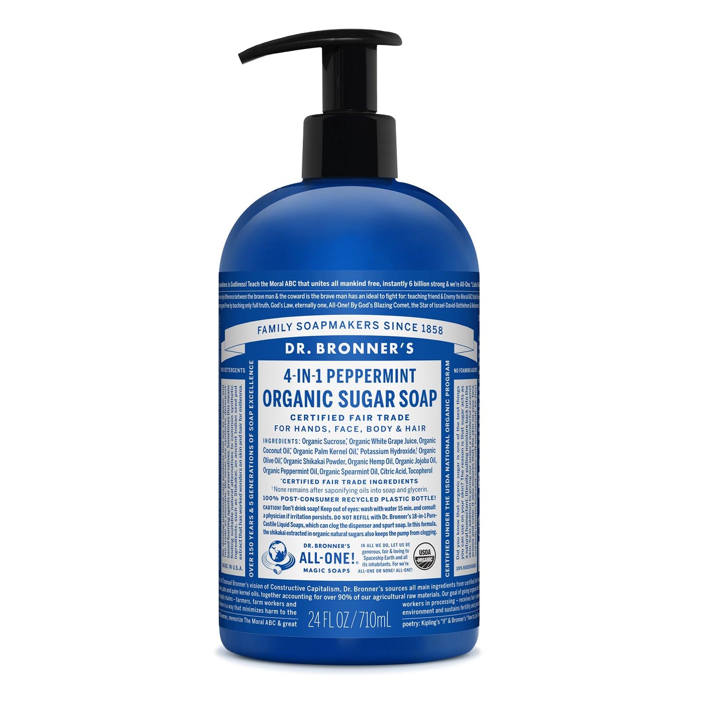 Dr. Bronner's - Organic Sugar Soap (Peppermint, 24 Ounce) - Made with Organic Oils, Sugar & Shikakai Powder, 4-in-1 Uses: Hands, Body, Face & Hair
