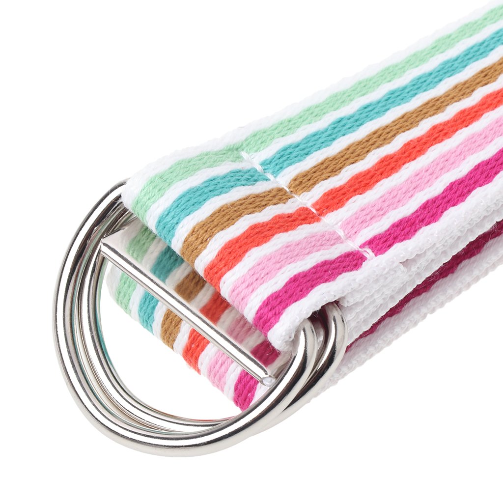 Feamos Stripe Belts for Women Waist Belt for Shorts with Double D-Ring Buckle Canvas Casual (White & Rainbow)