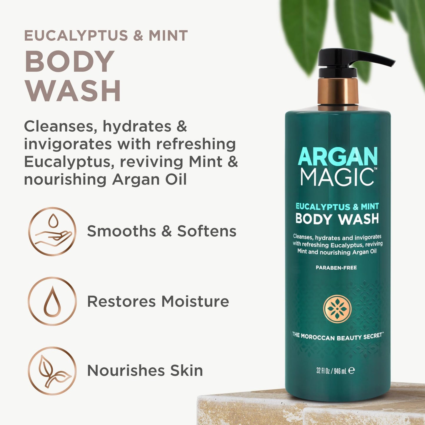 Argan Magic Eucalyptus & Mint Body Wash with Argan Oil - Cleanses, Hydrates & Invigorates with Refreshing Eucalyptus & Mint | Made in USA (32 Fl Oz)