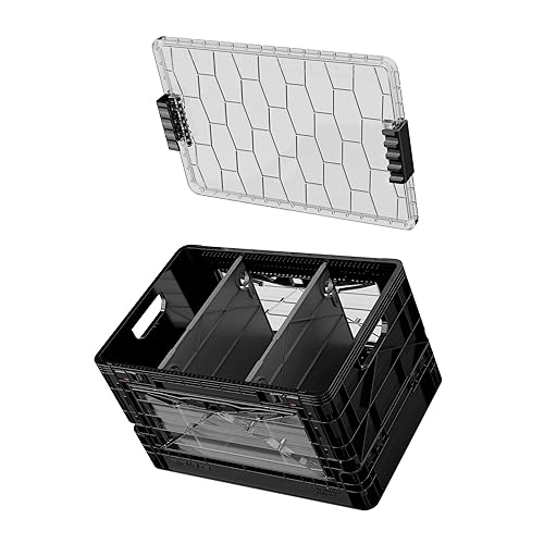 SIDIO Full-Size Collapsible Crate - Heavy Duty Stackable Storage Bin with Lid & 2 Short-Ways Dividers, Durable Plastic Organizer for Home, Office…